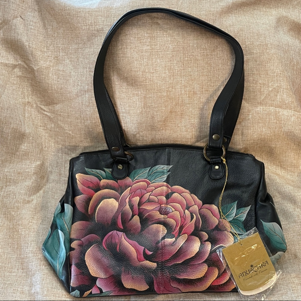 Anuschka Black Tote with Pink Floral Design